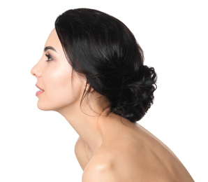 Photo of Portrait of young woman with beautiful hair on white background