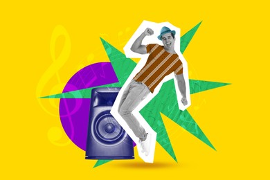 Image of Man dancing near loudspeaker on bright background, creative collage. Stylish art design