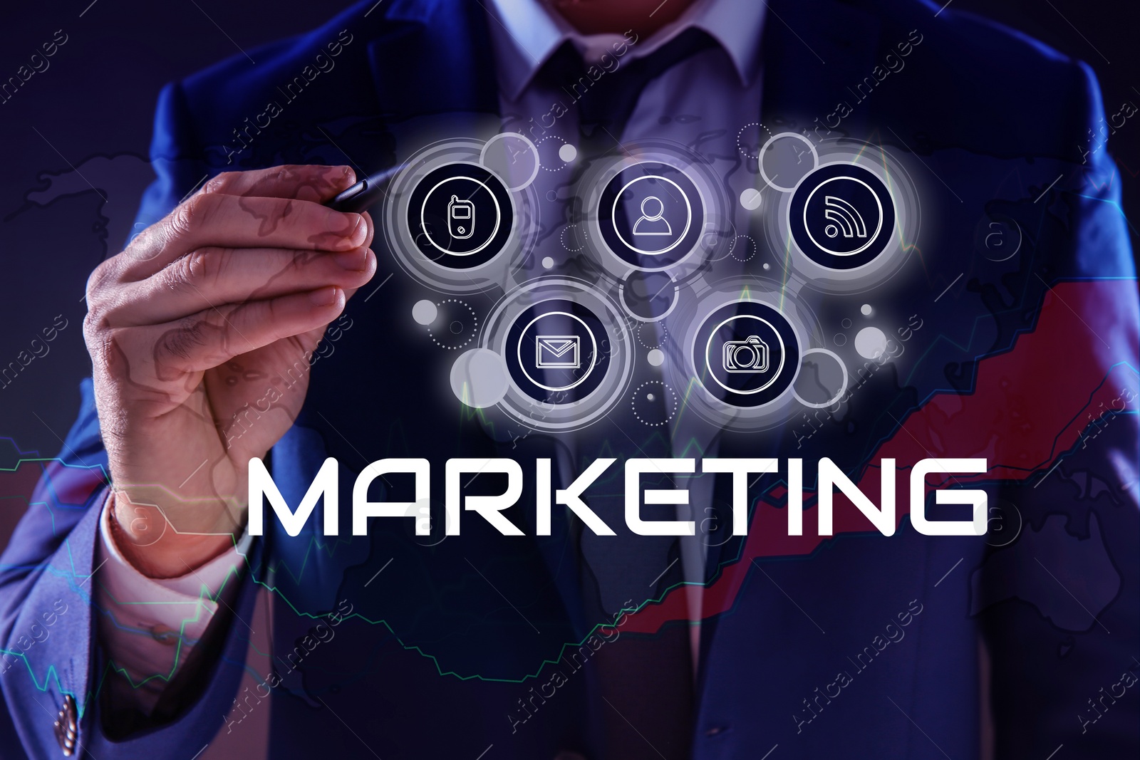 Image of Marketing concept. Businessman pointing at icons on digital screen, closeup