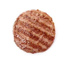 Photo of Tasty grilled hamburger patty isolated on white, top view