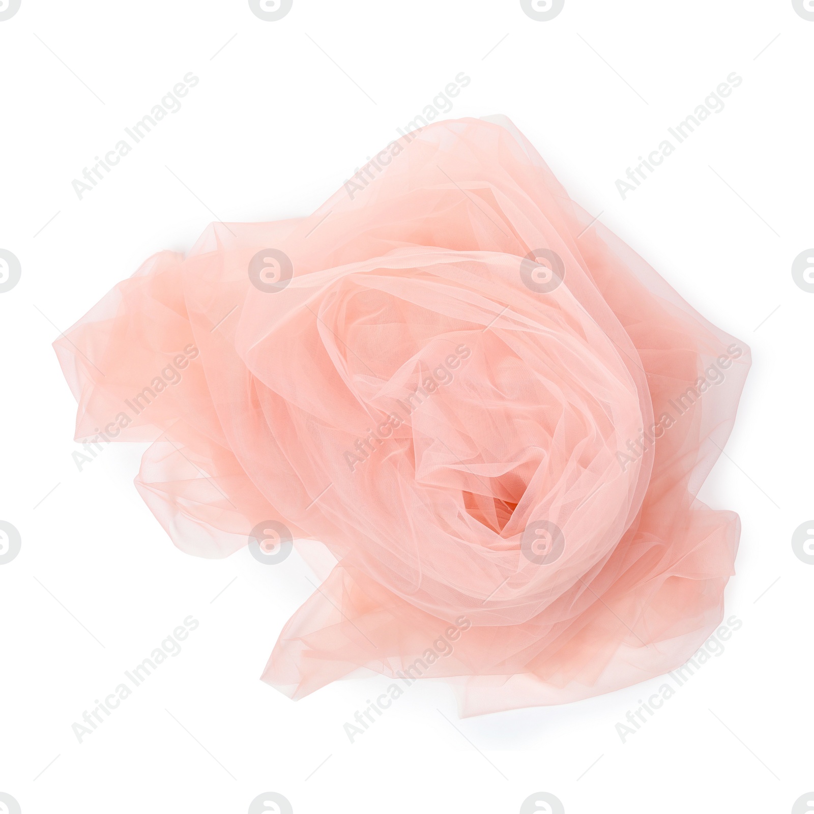 Photo of Beautiful beige tulle fabric on white background, top view