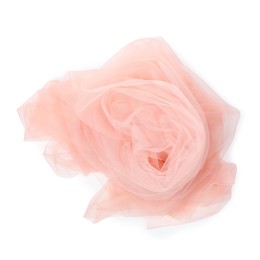 Photo of Beautiful beige tulle fabric on white background, top view