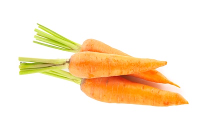 Pile of fresh ripe carrots isolated on white, top view
