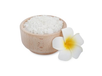 Bowl of sea salt and beautiful plumeria flower isolated on white