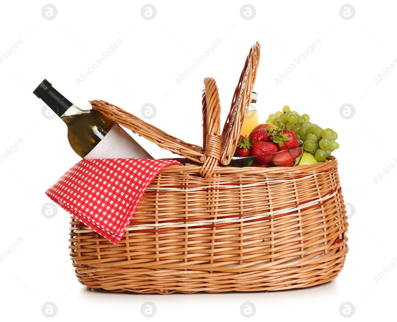 Photo of Picnic basket with wine and fruits isolated on white