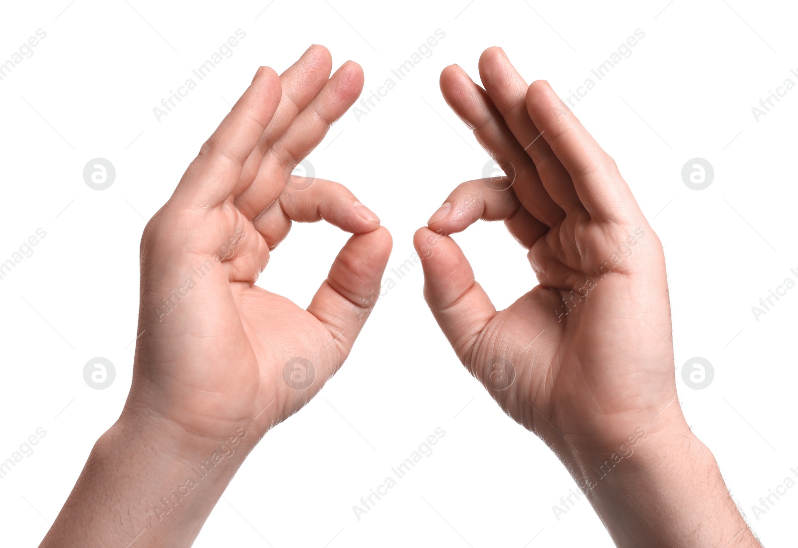 Photo of Man holding something in hands on white background, closeup