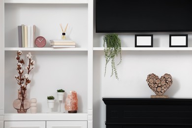 Photo of TV set, fireplace and stylish shelves with decorative elements and houseplants near white wall. Interior design