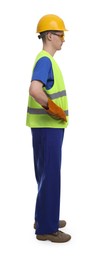 Photo of Young man wearing safety equipment on white background