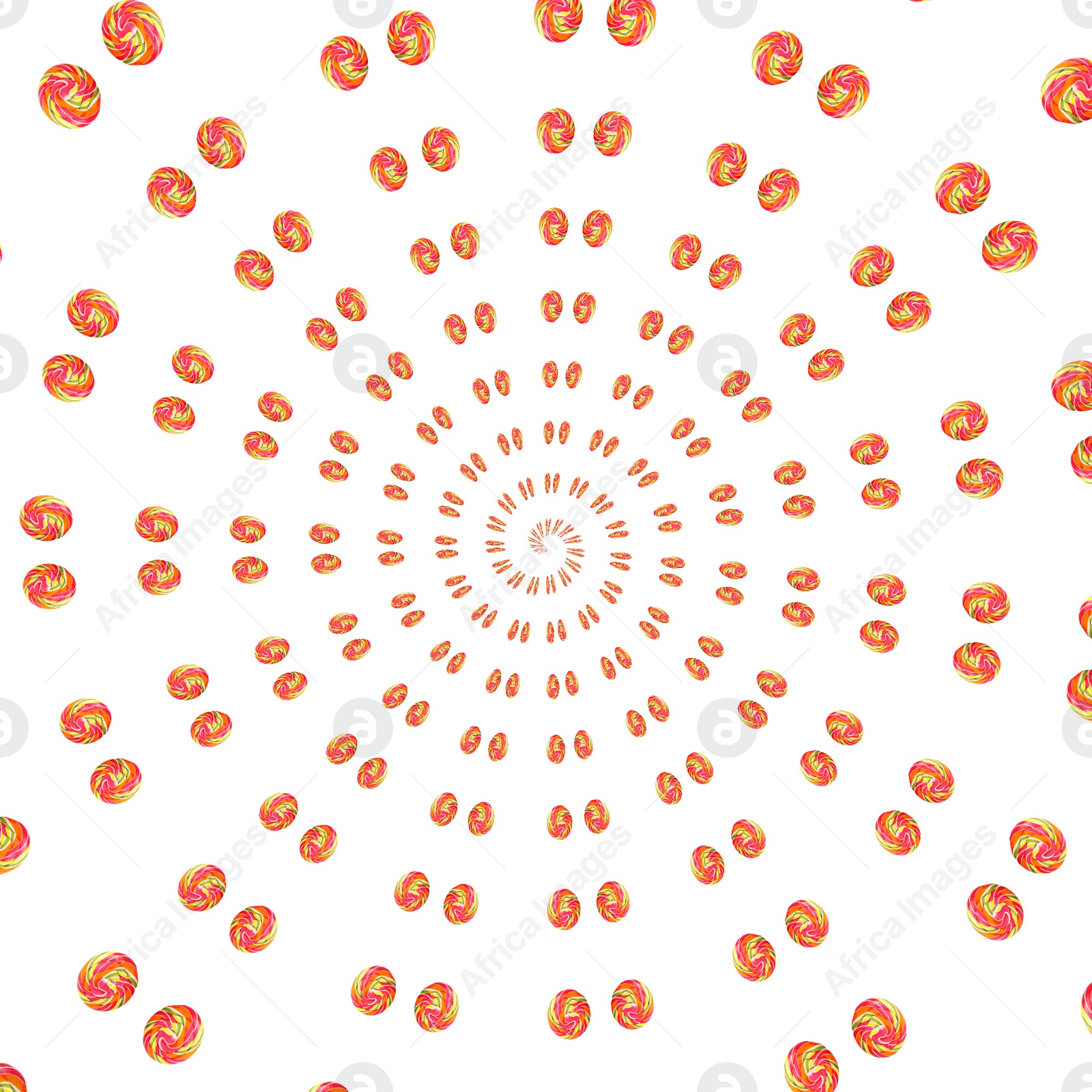 Image of Whirl of many hard candies on white background