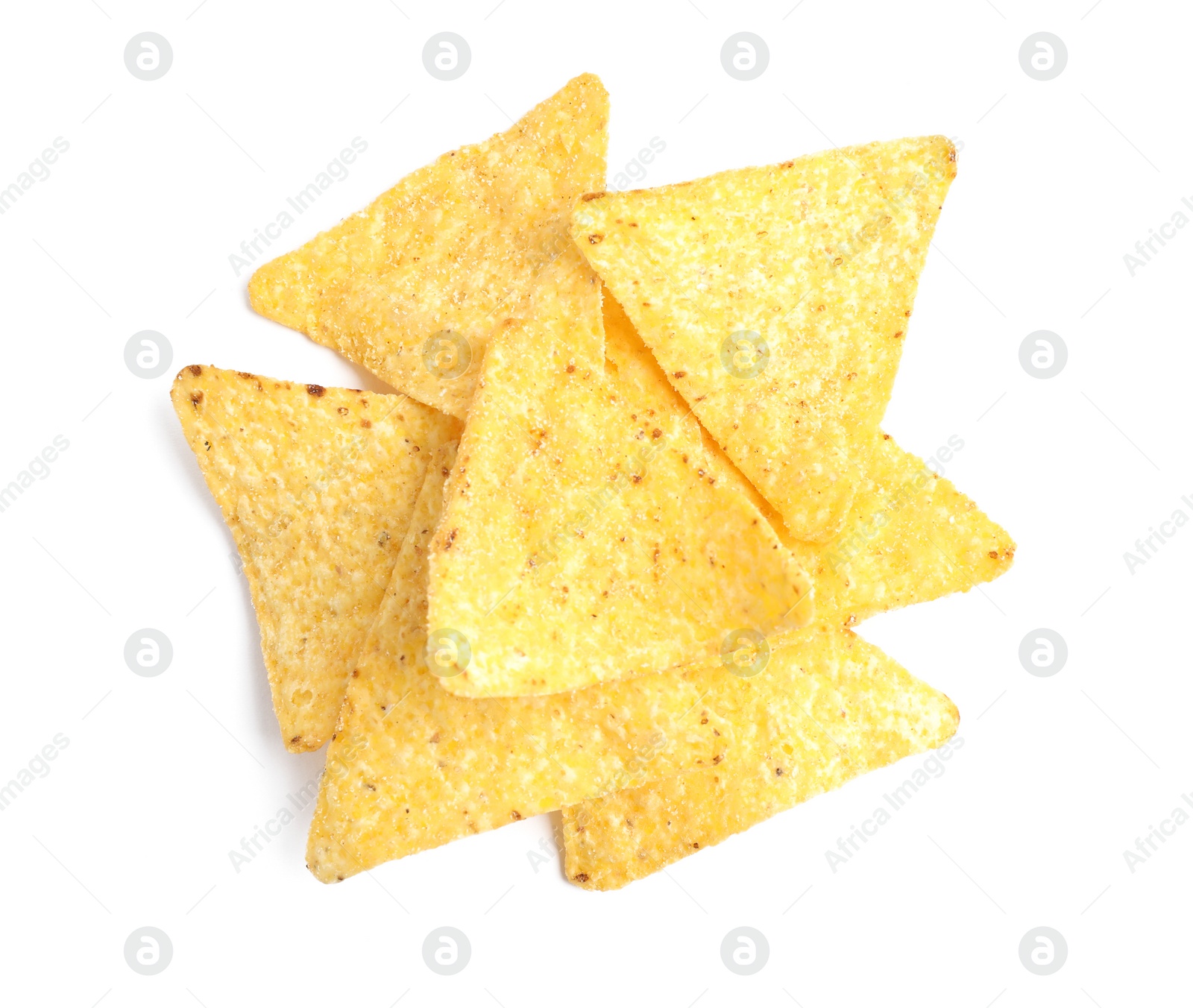 Photo of Tasty Mexican nachos chips on white background, top view