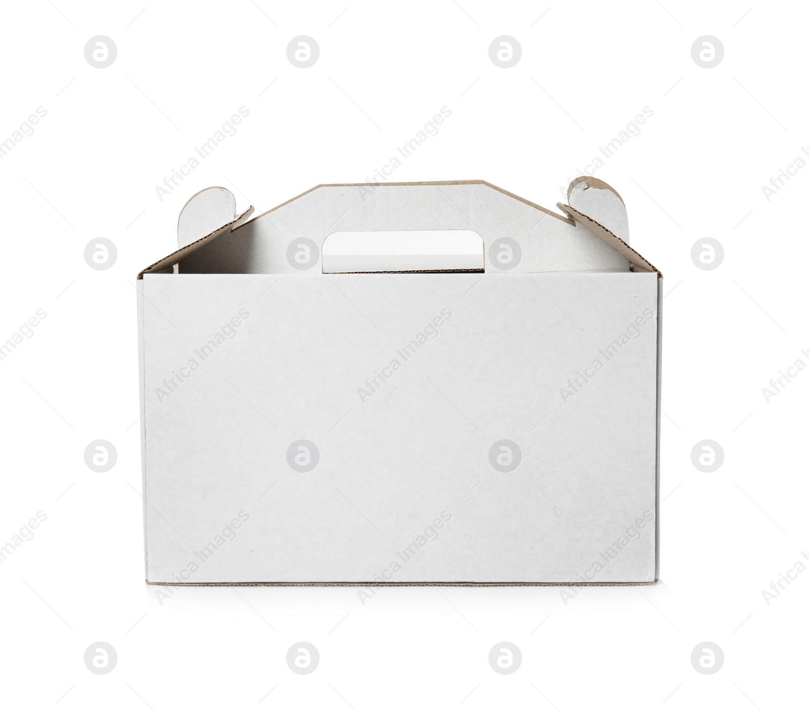 Photo of Cardboard box isolated on white, mockup for design. Food delivery