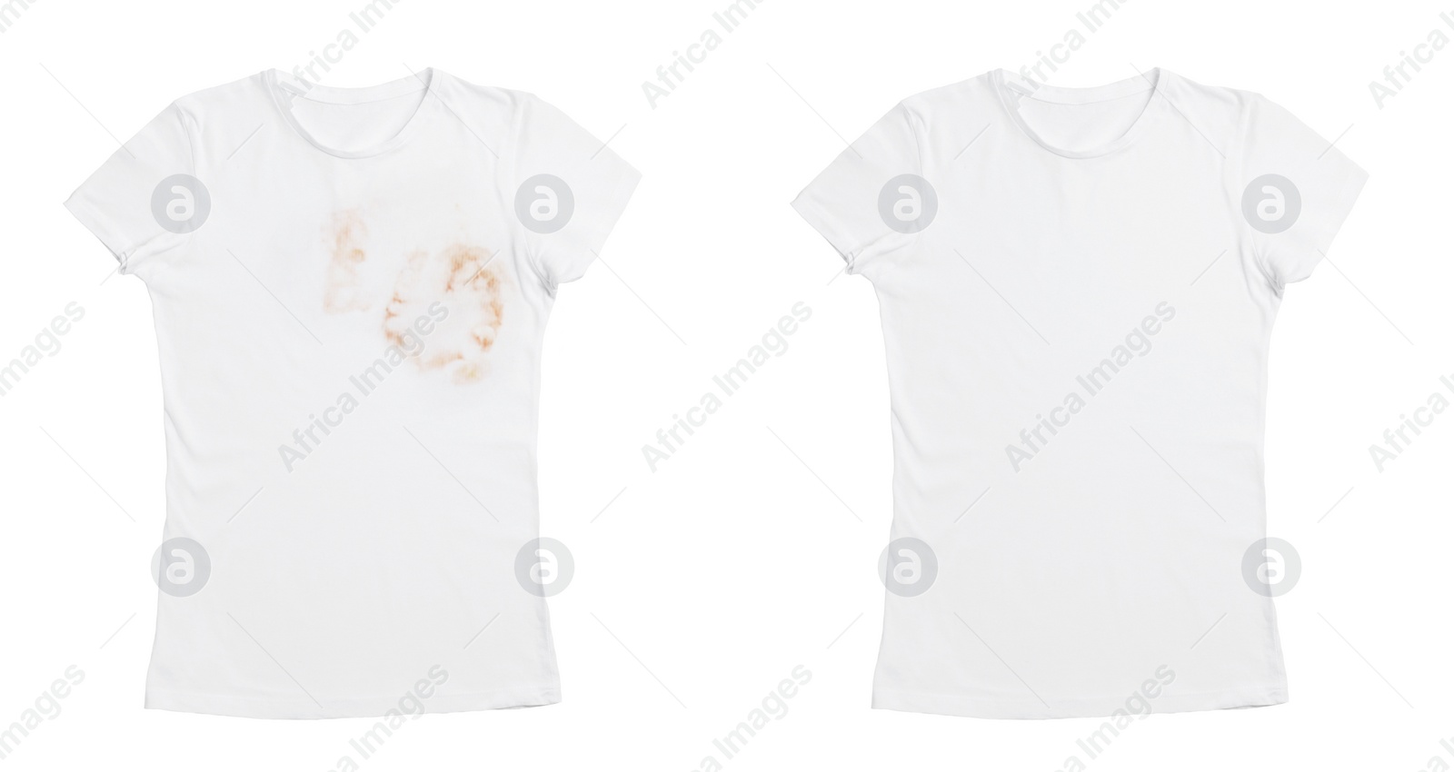 Image of Collage with dirty and clean t-shirt isolated on white. Before and after washing