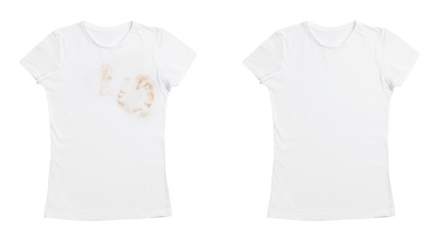 Image of Collage with dirty and clean t-shirt isolated on white. Before and after washing