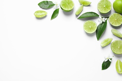 Photo of Frame made of limes, flowers and leaves on white background, top view with space for text. Citrus fruits