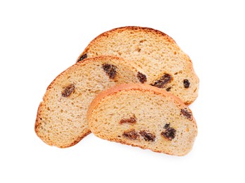 Photo of Sweet hard chuck crackers with raisins on white background, top view