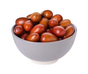 Photo of Ripe red dates in bowl on white background