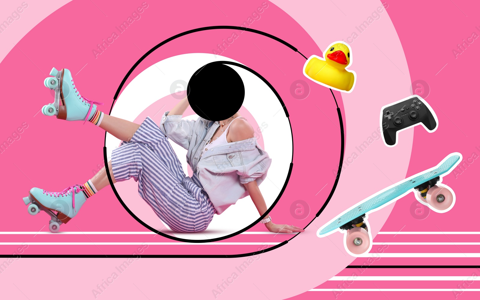 Image of Popular obsessions. Woman with black hole instead of head on color background. Toy duck, gamepad and skateboard flying near