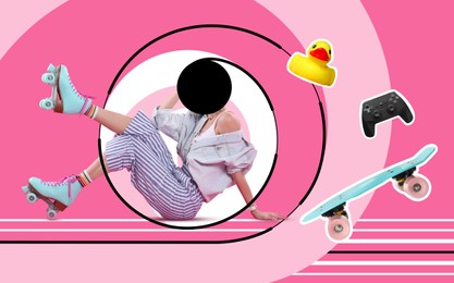 Image of Popular obsessions. Woman with black hole instead of head on color background. Toy duck, gamepad and skateboard flying near