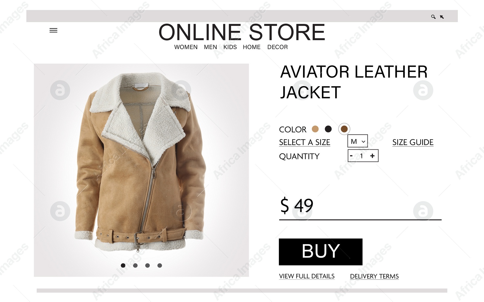 Image of Online store website page with leather jacket and information. Image can be pasted onto laptop or tablet screen