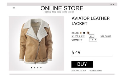 Online store website page with leather jacket and information. Image can be pasted onto laptop or tablet screen