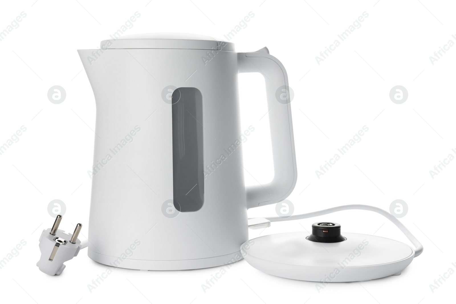 Photo of Modern electric kettle with base and plug isolated on white