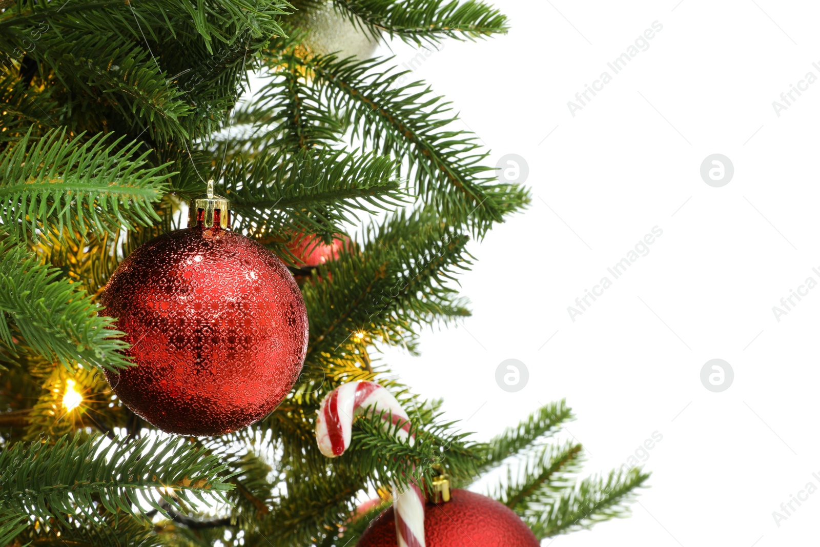 Photo of Beautiful decorated Christmas tree on white background, closeup