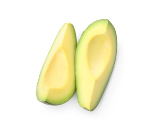 Slices of ripe avocado on white background