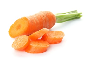 Photo of Ripe sliced carrot on white background