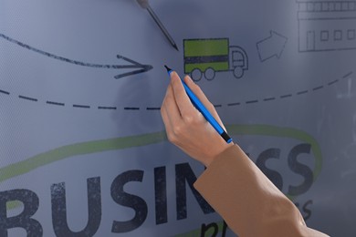 Photo of Business trainer with pen using interactive board, closeup