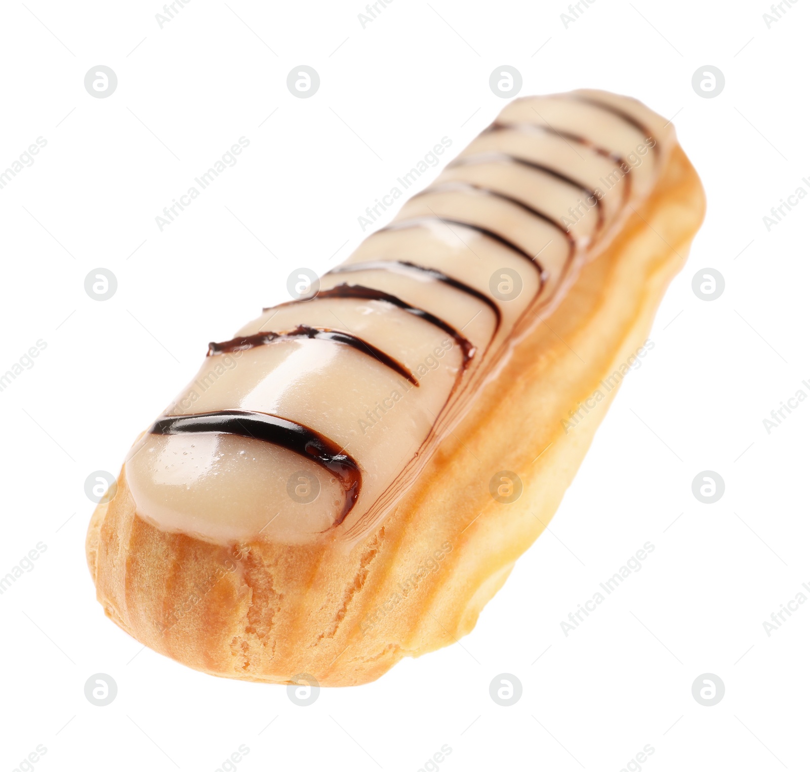 Photo of Delicious eclair covered with glaze isolated on white