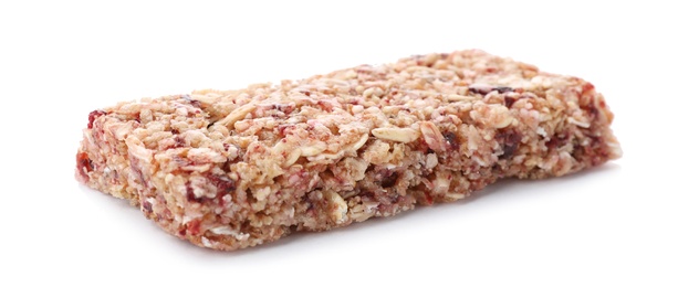 Photo of Tasty protein bar on white background. Healthy snack