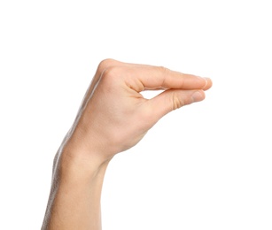 Photo of Man showing word no on white background, closeup. Sign language