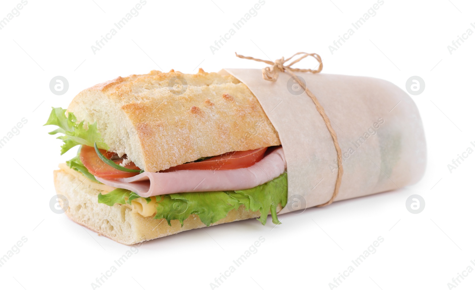 Photo of Tasty sandwich with ham isolated on white