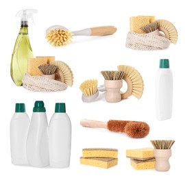 Set of eco-friendly cleaning products isolated on white