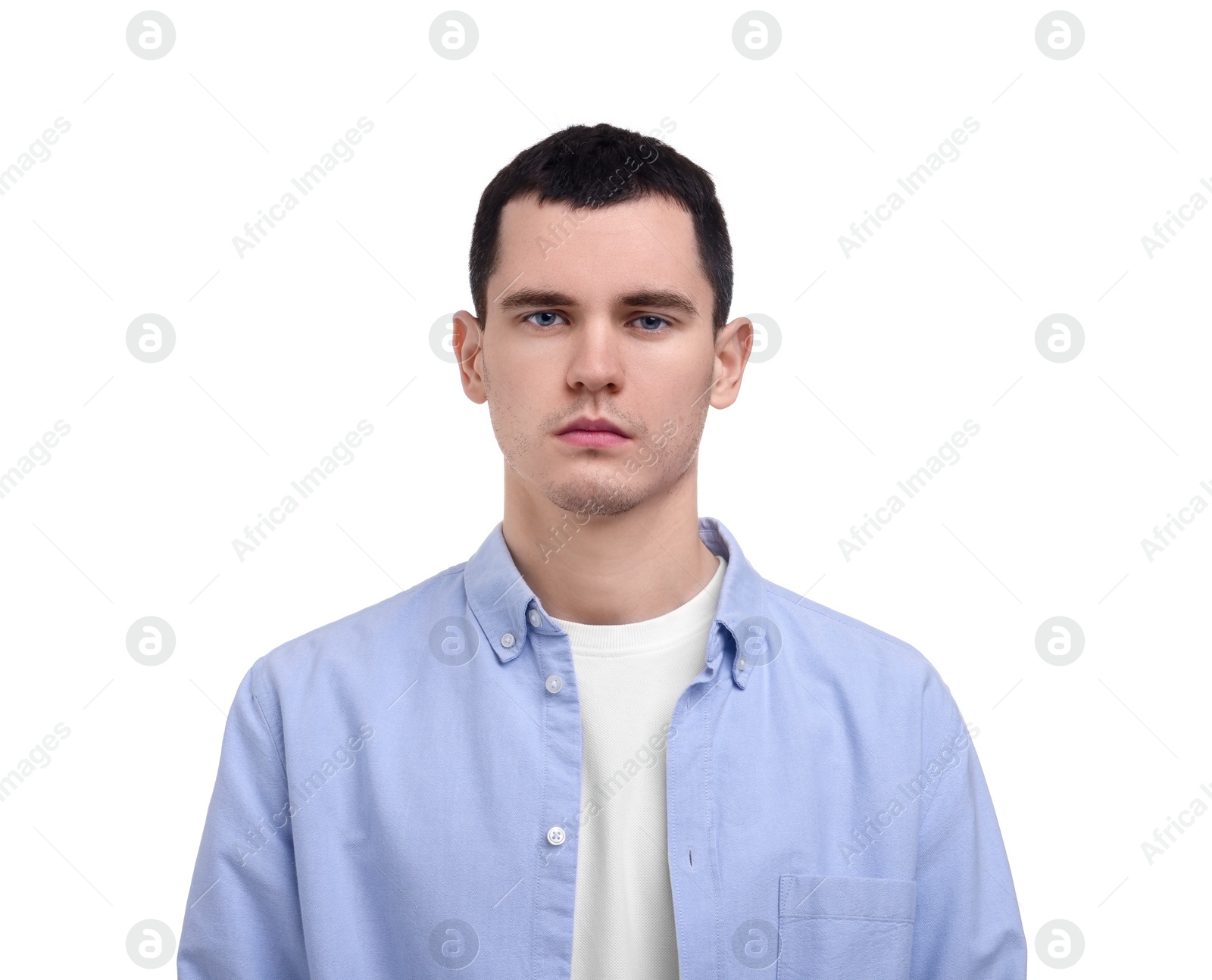 Photo of Portrait of sad man on white background