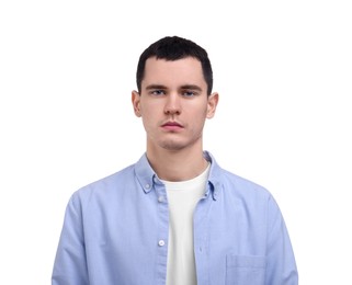 Photo of Portrait of sad man on white background