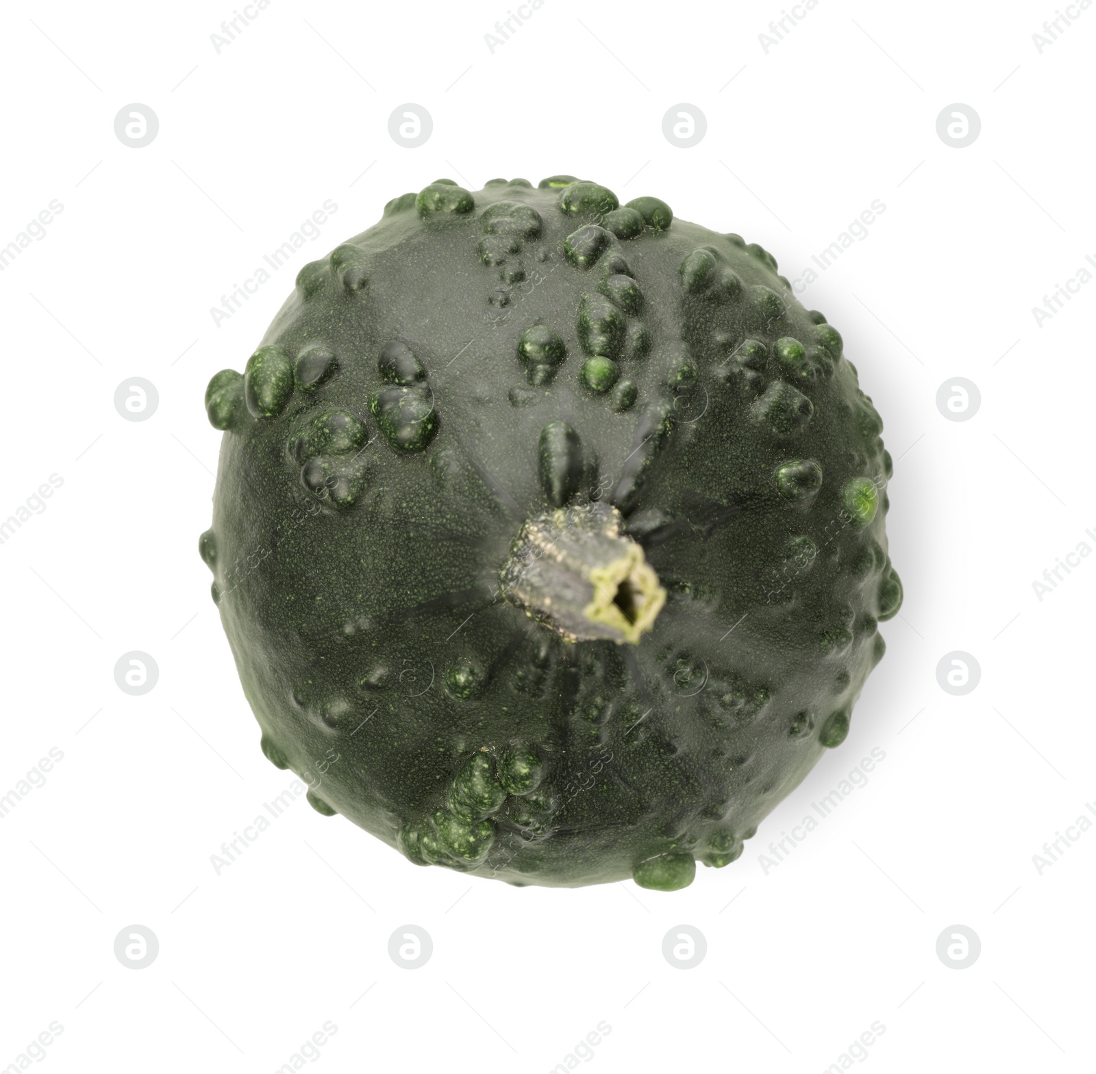 Photo of One green pumpkin isolated on white, top view