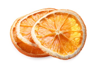 Photo of Delicious dry orange slices on white background