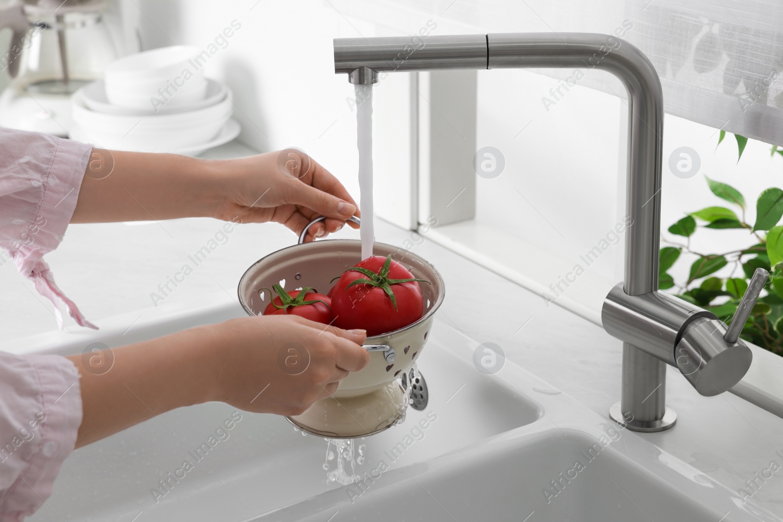 Photo of Woman washing fresh ripe tomatoes under tap water in kitchen, closeup