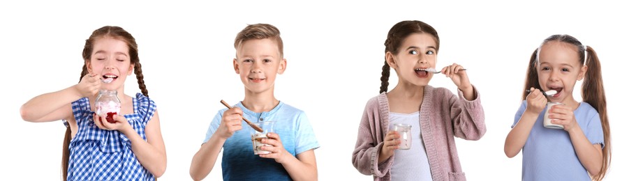 Image of Collage with photos of cute little kids with tasty yogurts on white background. Banner design