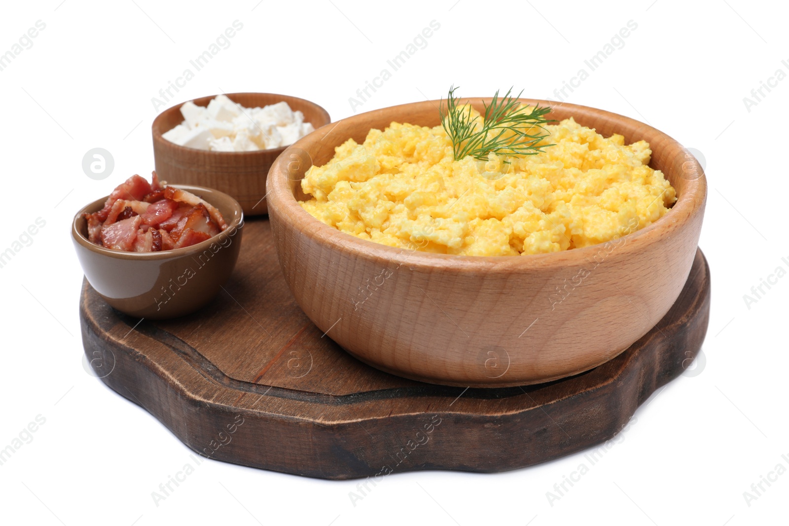 Photo of Tasty banosh with brynza and pork cracklings on white background. Traditional Ukrainian dish