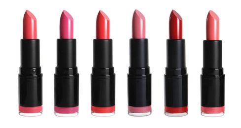 Set with different beautiful lipsticks on white background