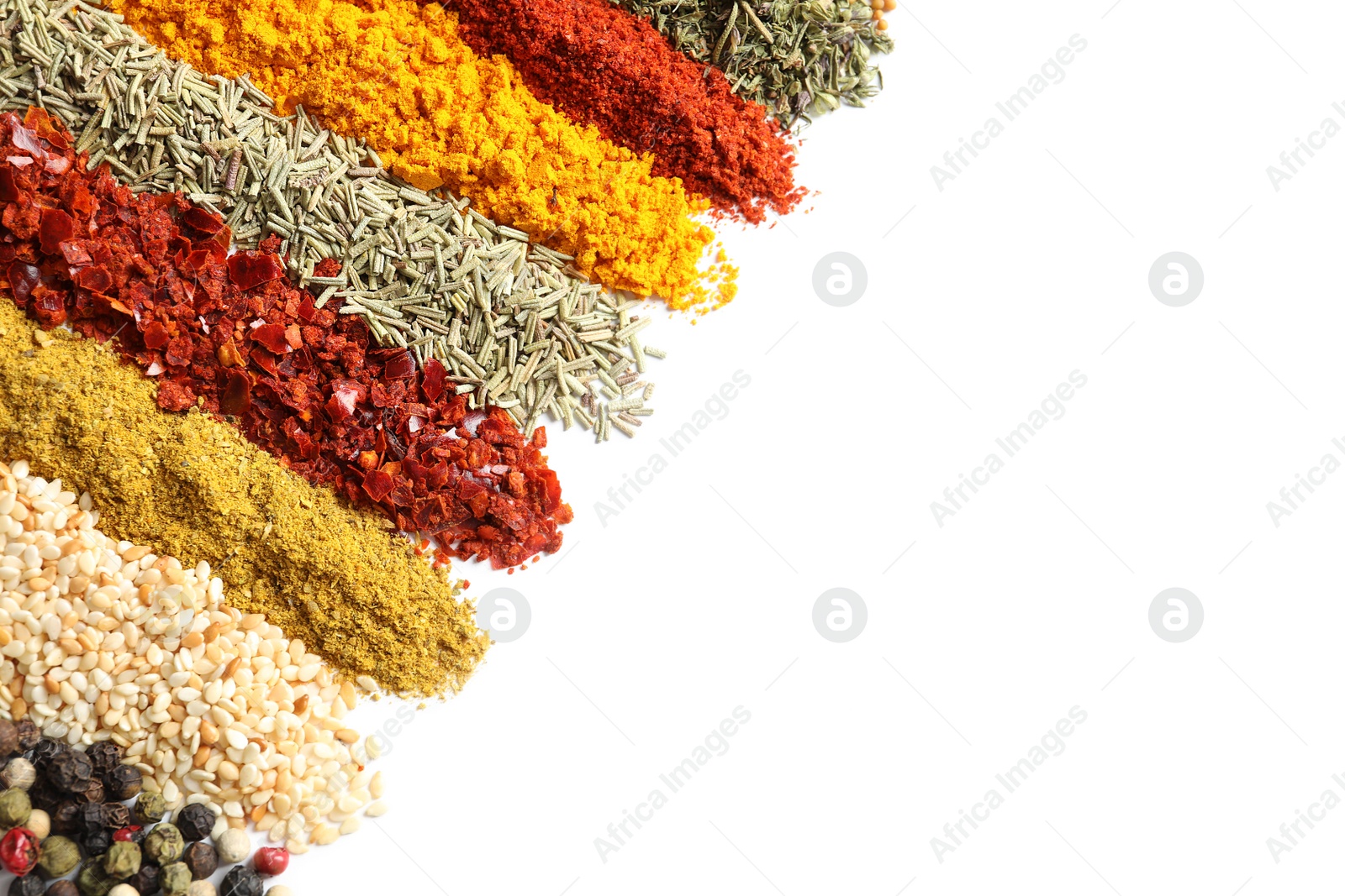 Photo of Rows of different aromatic spices on white background, top view with space for text