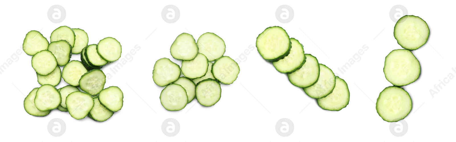 Set with slices of cucumbers on white background. Banner design Image of Set with slices of cucumbers on white background. Banner design