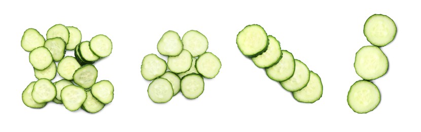Image of Set with slices of cucumbers on white background. Banner design