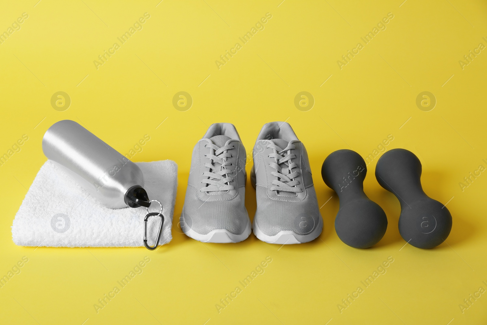 Photo of Fitness equipment on color background. Healthy lifestyle