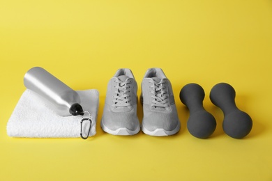 Fitness equipment on color background. Healthy lifestyle