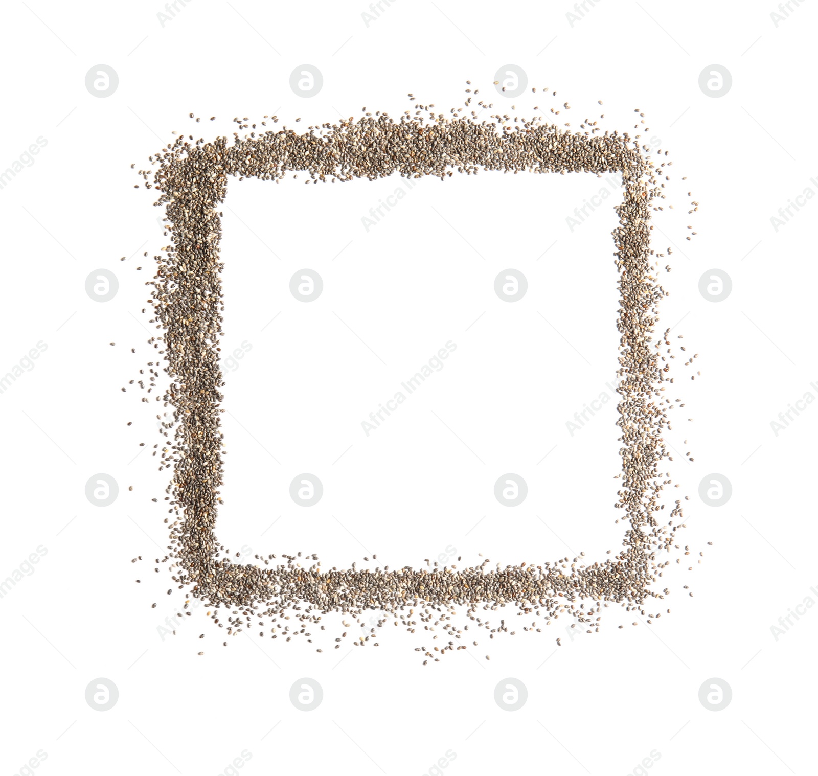 Photo of Frame made of chia seeds on white background, top view with space for text