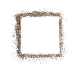 Photo of Frame made of chia seeds on white background, top view with space for text