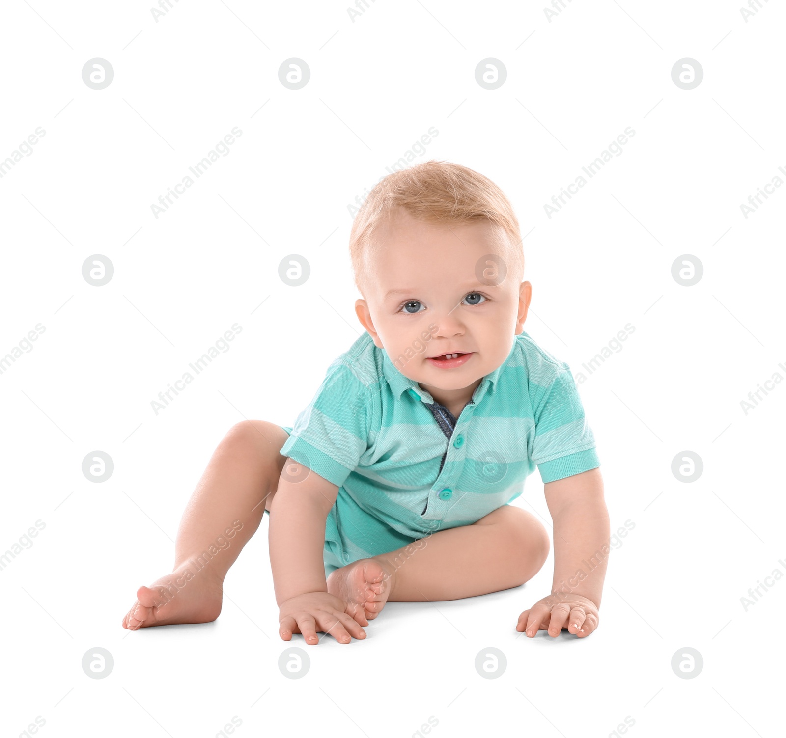 Photo of Cute little baby on white background. Crawling time